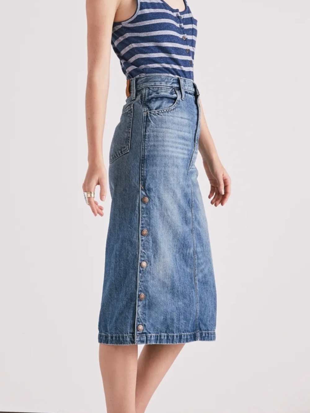 Lucky Brand Washed Blue Denim Midi Skirt | Snap Buttons